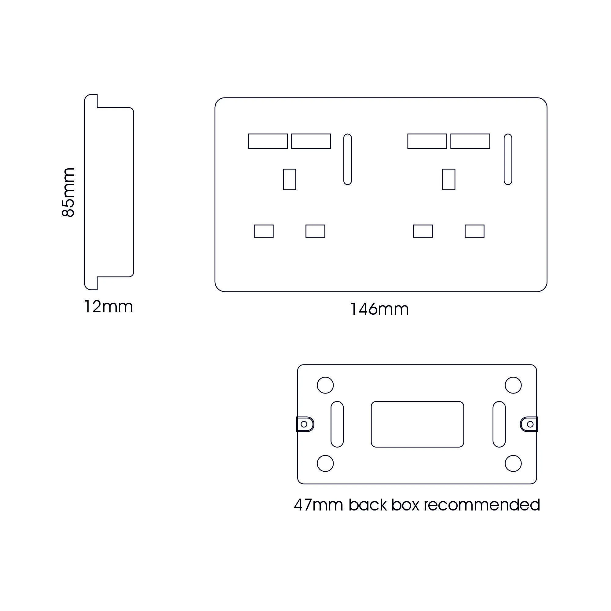 2 Gang 13Amp Switched Double Socket With 4X 2.1Mah USB Gloss Black ART-SKT213USBBK  Trendi Piano Black